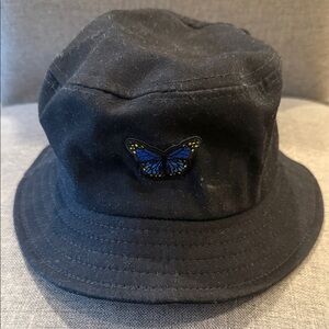 Black Bucket Hat with Blue Butterfly Patch